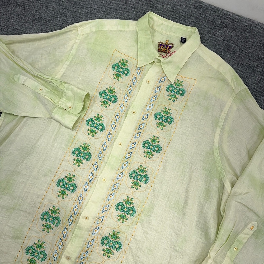 ROBERT GRAHAM Shirt Mens 3XLB Green 100% Linen Long Sleeve Embroidered *READ*